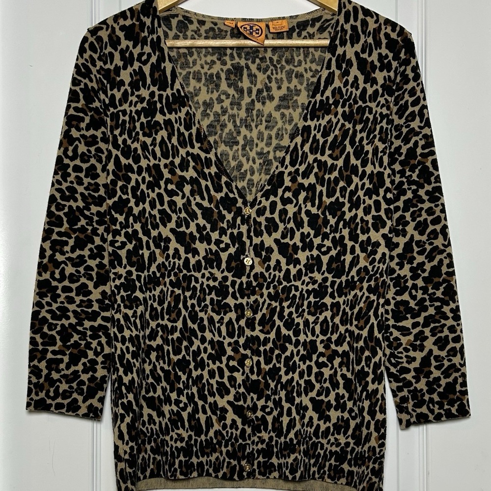 Tory Burch 100% Merino Wool Leopard Print V-Neck Gold Logo Buttons Cardigan